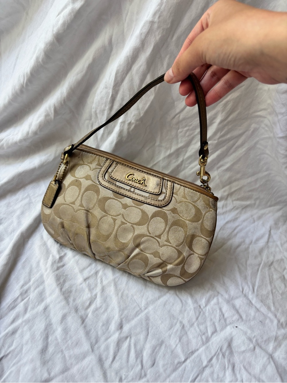 Coach Khaki and Gold Signature Wristlet